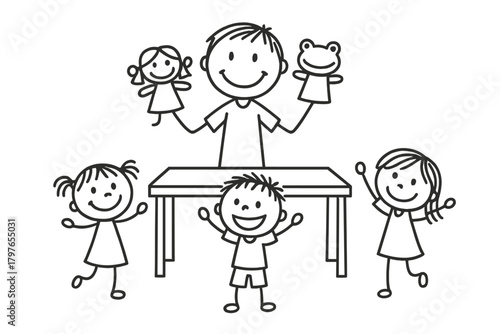 Happy children watching a puppet show performance by an adult with girl and frog hand puppets