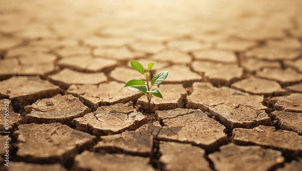Obraz premium A small plant struggling to survive in cracked, arid soil, highlighting erosion risk