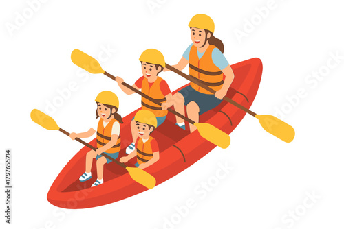 Mother and children enjoying a summer water sport adventure in a red inflatable raft