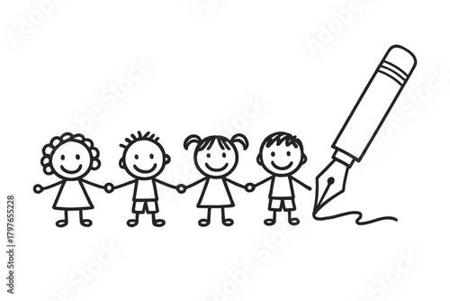 Four smiling children stick figures holding hands beside a large fountain pen writing a line