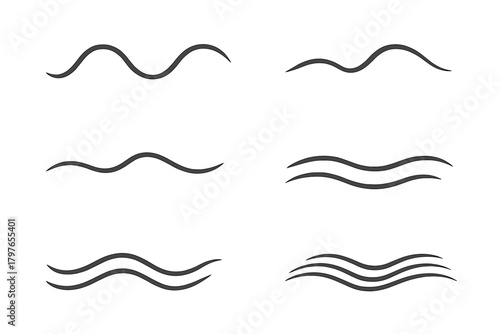 Minimalist set of six flowing wave symbols for water, energy, or sound design elements