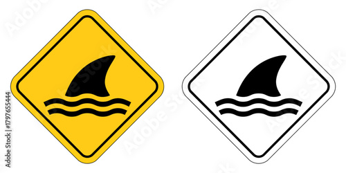 Shark fin warning signs for beach safety, danger alert symbol