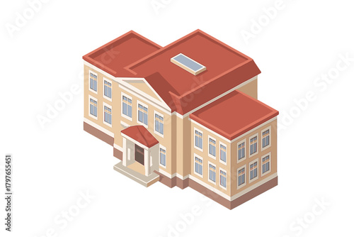 Large educational building in isometric perspective with red roof and beige walls