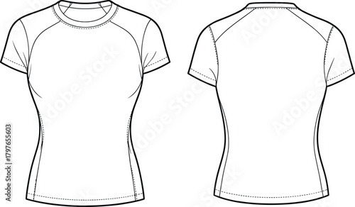 Detailed vector illustration of fitted women’s T-shirt showing front and back technical flat views with seams, stitching, curves, and clean garment construction