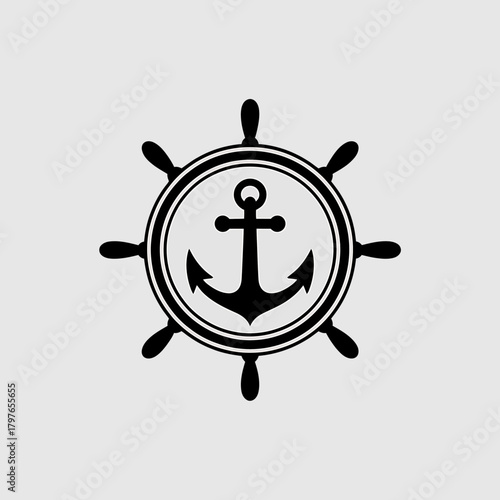Nautical ship wheel and anchor icon isolated on white backdrop