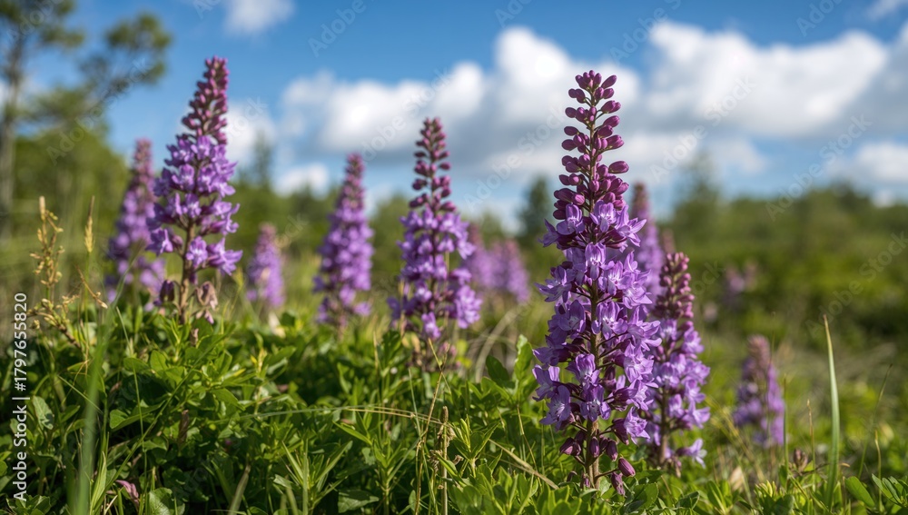 Obraz premium Plants in a sunny forest setting, showcasing vibrant lilac flowers, emphasizing seasonal change