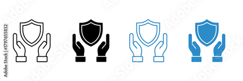 Hands holding shield icon set representing protection and safety