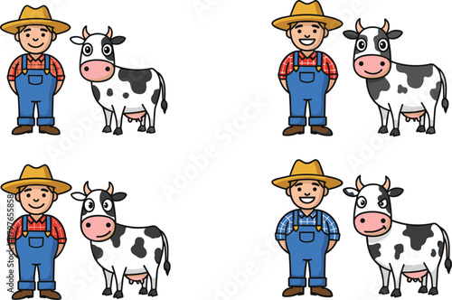 Cartoon farmers with cows, rural scene, agriculture illustration, animal care, farm life, character design, livestock, countryside, comparison activity, nature