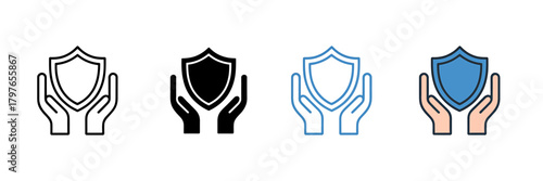 Protection shield in hands vector icon set, representing safety.