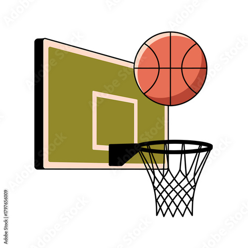 Basketball and hoop with backboard on a clean white background.