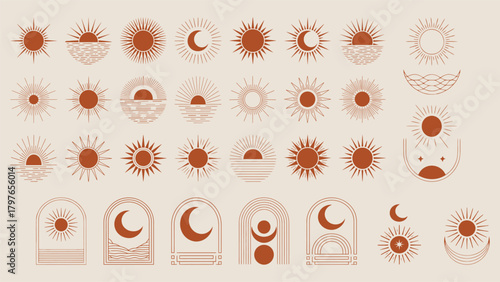 Boho sun and moon celestial icon set, abstract earth tone style. Vector