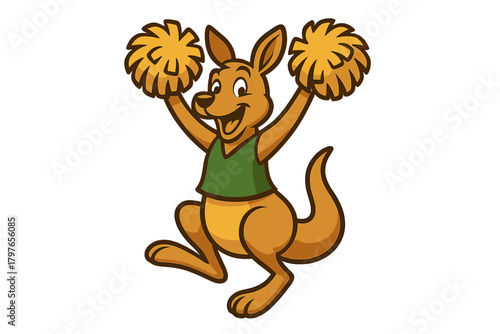 Happy cartoon kangaroo mascot jumping and cheering while holding yellow pom-poms
