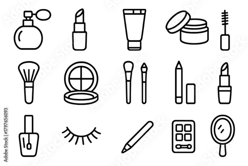 Cosmetic and beauty product items including lipstick, perfume, and brushes