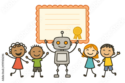 Diverse children and robot celebrating achievement with blank certificate template