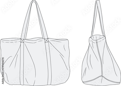 Detailed vector illustration of large tote bag with straps showing front and side views for fashion design, accessory template, and sewing reference