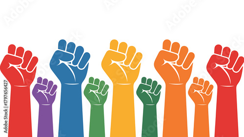 Colorful raised fists symbolizing unity, protest, and empowerment