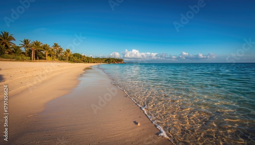 Fototapeta Naklejka Na Ścianę i Meble -  Morning sunlight illuminating sandy beach with tranquil water, seasonal warmth