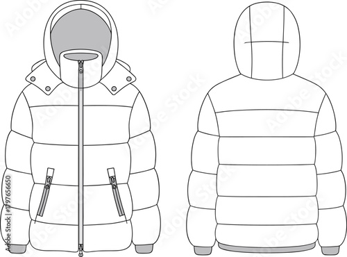 Detailed vector illustration of padded winter jacket with hood, front and back views, zipper pockets, stitching lines, and insulated outerwear construction