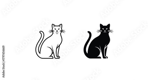 A minimalist illustration of a black cat and a white cat sitting side-by-side, presented in a clean, modern graphic style.