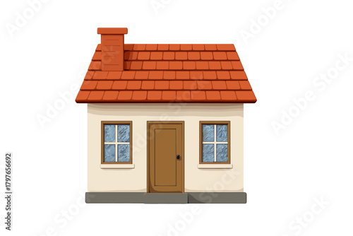 Stylized residential house model with red roof and chimney on white background