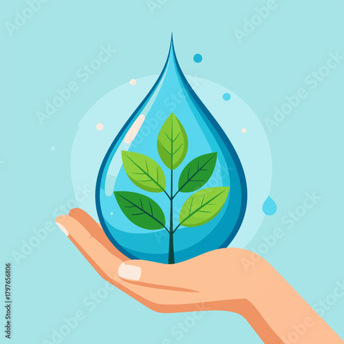 A hand cradles a large water droplet containing a green plant, symbolizing environmental care and water conservation.