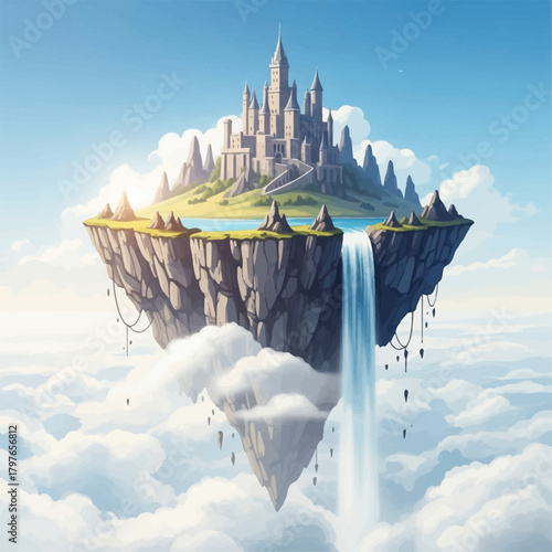 A majestic fantasy castle sits atop a floating island in the sky, with a waterfall cascading into the clouds below, creating a magical and ethereal landscape.