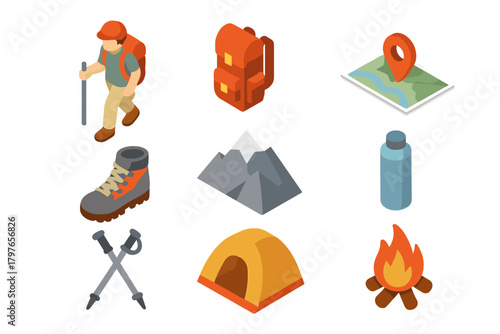 Isometric icons of hiking and camping gear including backpack, tent, map, boot, and mountain