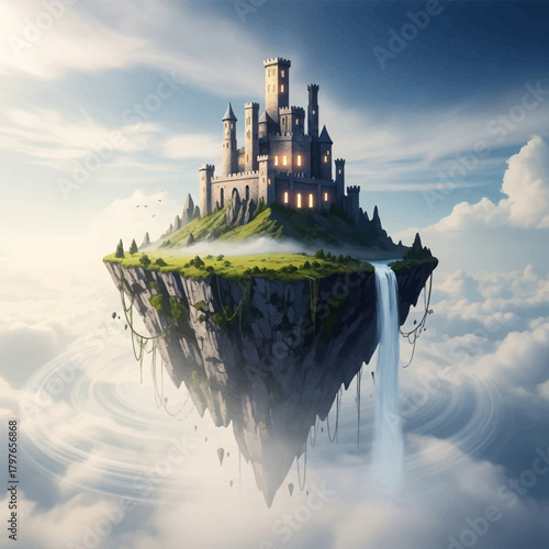 A majestic castle sits atop a lush green floating island with a waterfall cascading into swirling clouds below, under a bright blue sky.