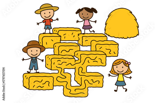Happy children playing on a maze made of yellow hay bales and a large haystack