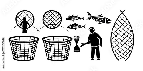 Gillnet or gill and fish trap, bottom net of fishing and fishery industry, vector icons. Fishnet or fisher net trap for angling or hunting, fisherman hoop net or gill and fish cage.