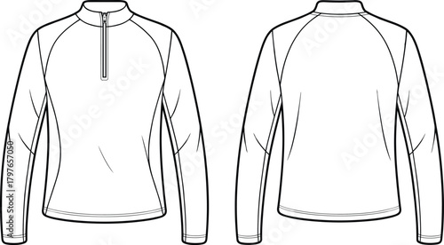 Minimalist long-sleeve athletic pullover technical fashion sketch featuring front zipper, raglan sleeves, clean seam details, modern activewear design illustration