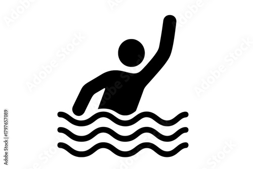 Black silhouette pictogram of person struggling in water with raised arm signaling distress