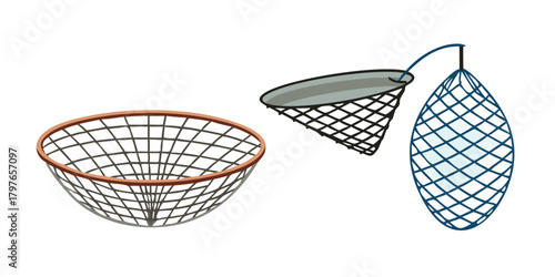 Gillnet or gill and fish trap, bottom net of fishing and fishery industry, vector icons. Fishnet or fisher net trap for angling or hunting, fisherman hoop net or gill and fish cage.