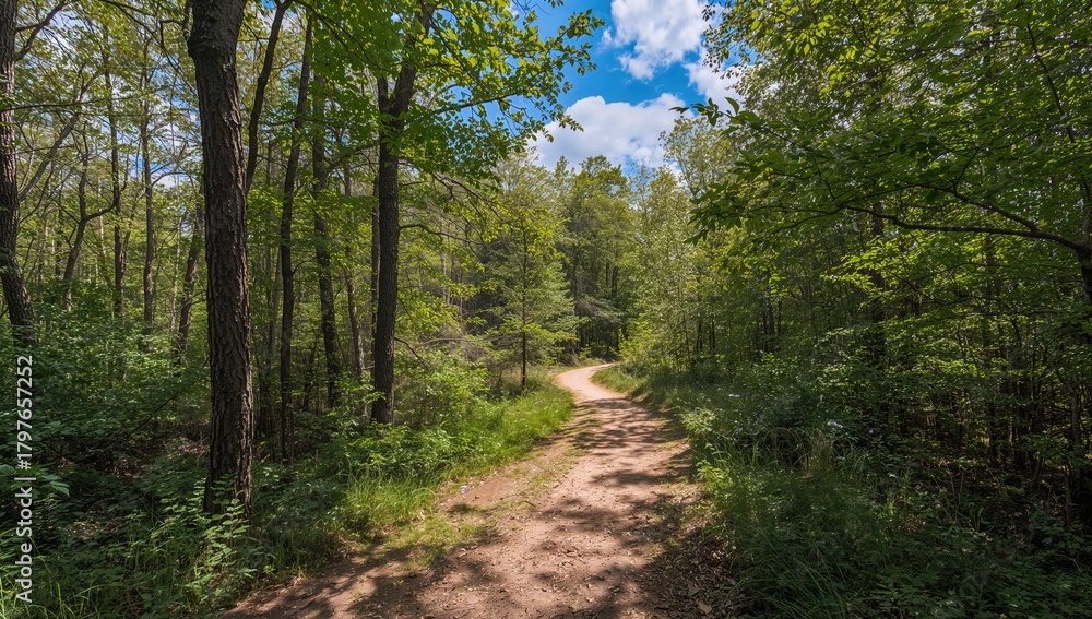 Naklejka premium Trail winding through the woods near a nature center, seasonal change