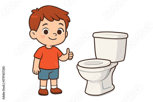Cheerful little boy giving a positive thumbs up sign next to a clean bathroom toilet