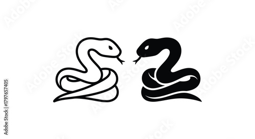 Two stylized snakes, one black and one white, facing each other in a symmetrical coiled pose on a white background.
