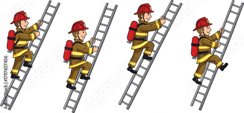 Cartoon firefighter climbing ladder, emergency response, protective gear, fire rescue, action sequence, safety uniform, character design, helmet, boots, oxygen tank