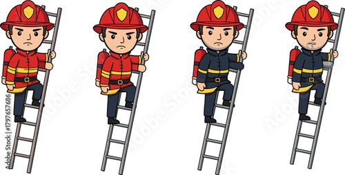Cartoon firefighters climbing ladders, emergency response, protective gear, fire rescue, uniform evolution, character design, safety equipment, helmet, boots, oxygen tank