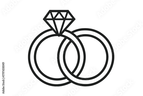 Minimalist black outline of two interlocking wedding rings with a large diamond