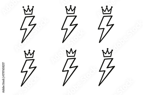 Set of six hand drawn style lightning bolts topped with small royal crowns