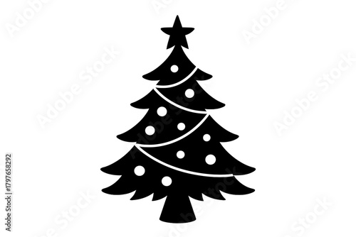 Black silhouette of a decorated Christmas tree adorned with ornaments and a star topper