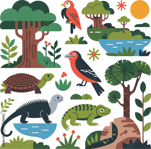 Flat Design Tropical Wildlife Vector Set, Jungle Animals, Exotic Birds, Iguana, and Forest Plants