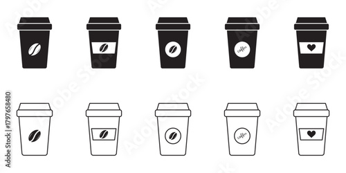 Coffee cup icons vector set in line and flat style. Disposable coffee cup. Coffee paper cup, plastic container for hot and cold drink, juice, tea, cocoa and other. Vector illustration