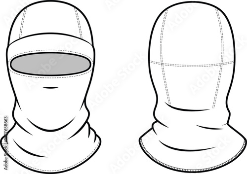 Technical vector illustration of full-face balaclava mask design showing front and back views, seam details, fabric folds, and professional apparel layout