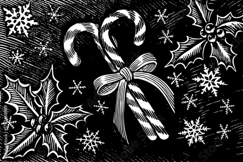 candy canes tied with ribbon beside holly leaves and snowflakes, classic nostalgic Christmas candy setup