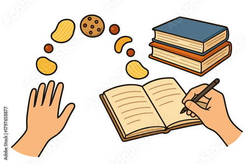 Hand writing notes in a book during study session with floating chips and cookies