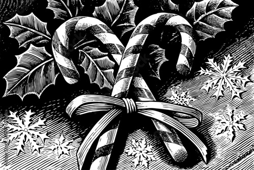 candy canes tied with ribbon beside holly leaves and snowflakes, classic nostalgic Christmas candy setup
