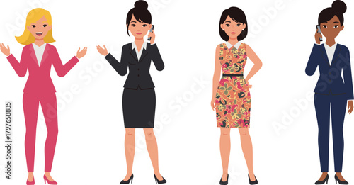 Cartoon professional women in business outfits, workplace diversity, character design, phone call gesture, fashion style, career pose, office attire, communication