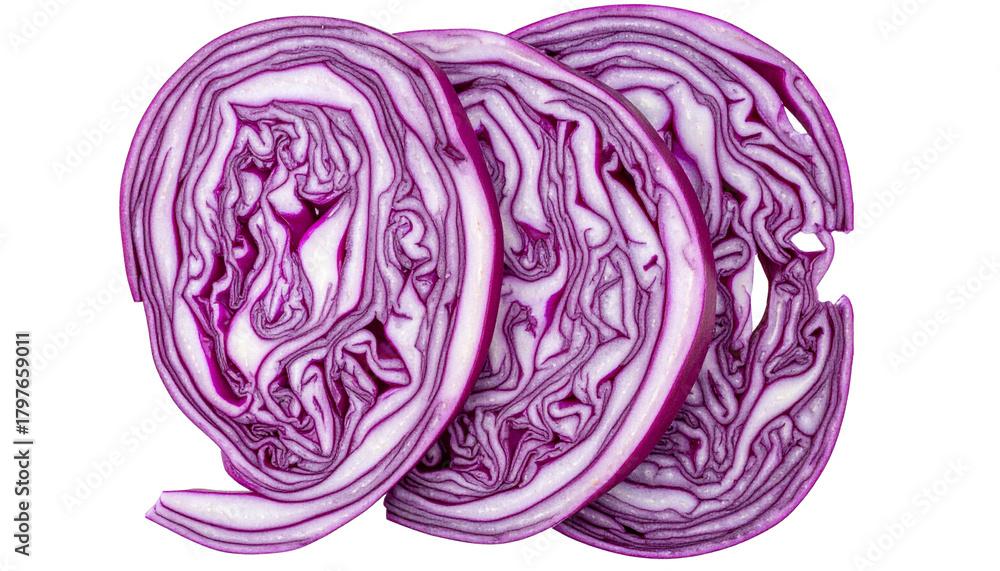 Obraz premium Sliced Red Cabbage Pieces with Fresh Texture, Scattered Composition, Isolated on Background.