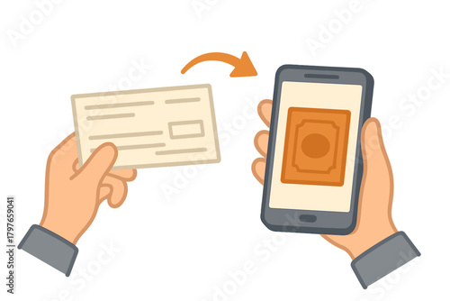 Hands holding smartphone performing mobile check deposit transaction for banking